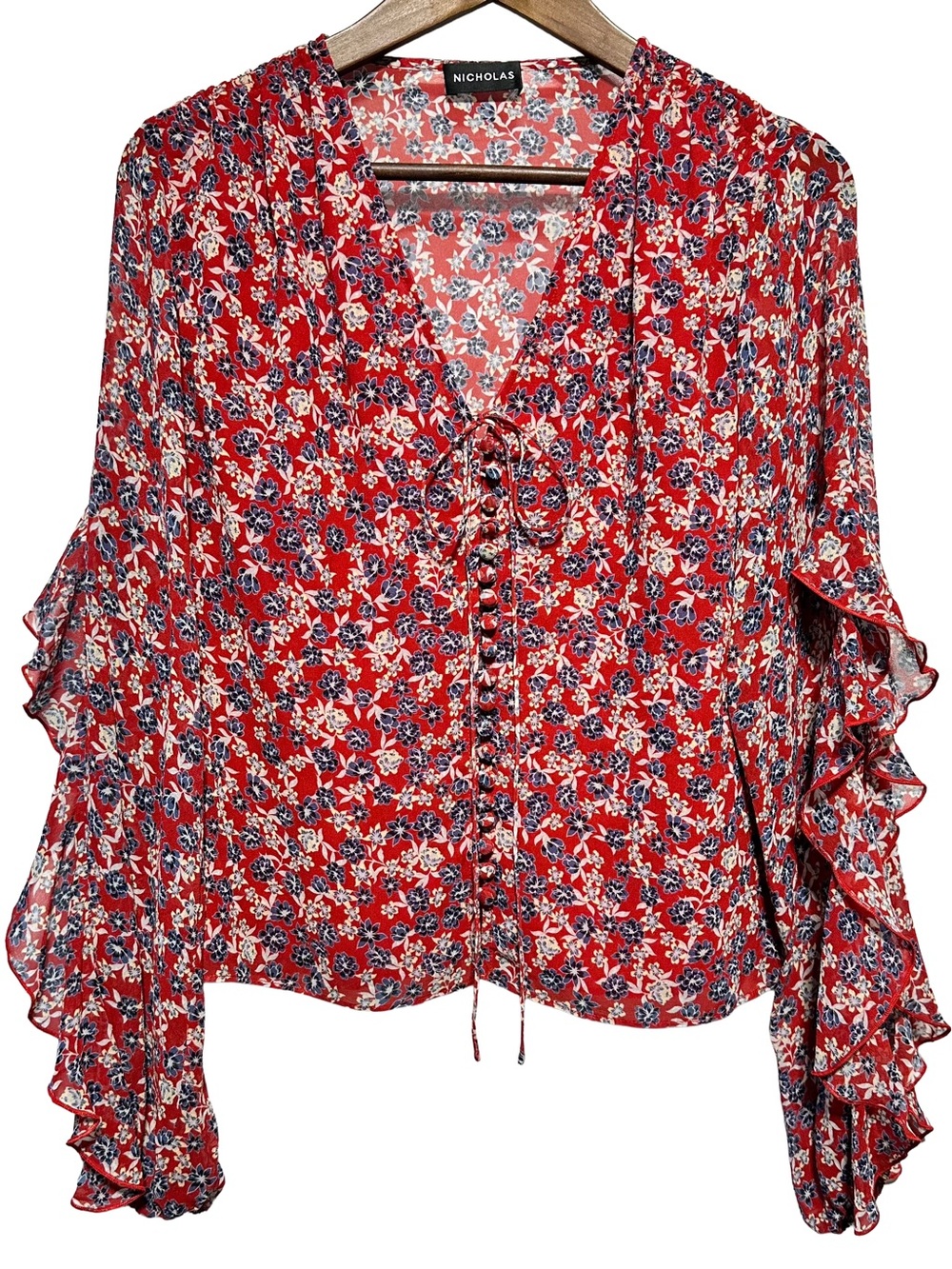 NICHOLAS 100% Silk Red Floral Blouse Ruffle Bell Sleeve Lace Up Sheer XS